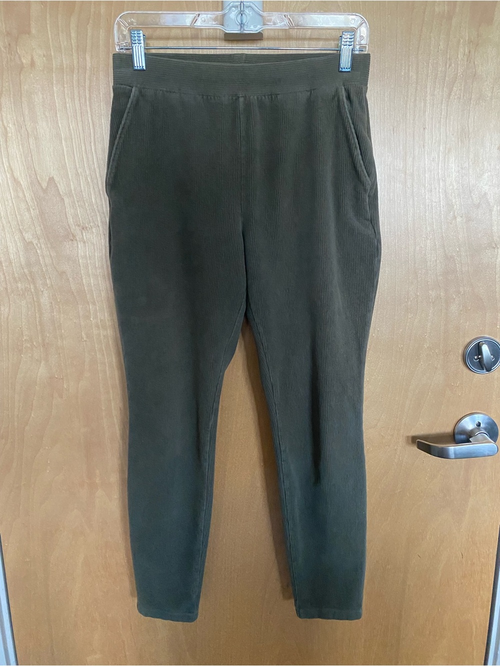 Lands End velour/corduroy olive green slim pants.  Size Small